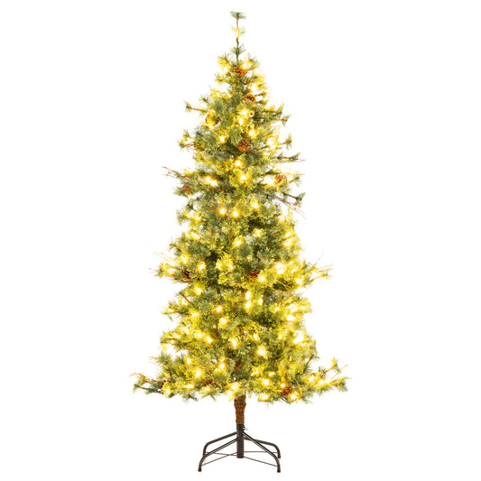 6 Feet Artificial Christmas Tree Pre-lit Hinged Xmas Tree with Warm White LED Lights and Pine Cones, Green Christmas Tree Green at Gallery Canada