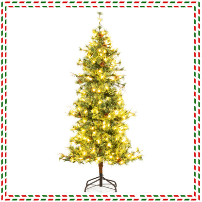 6 Feet Artificial Christmas Tree Pre-lit Hinged Xmas Tree with Warm White LED Lights and Pine Cones, Green Christmas Tree at Gallery Canada
