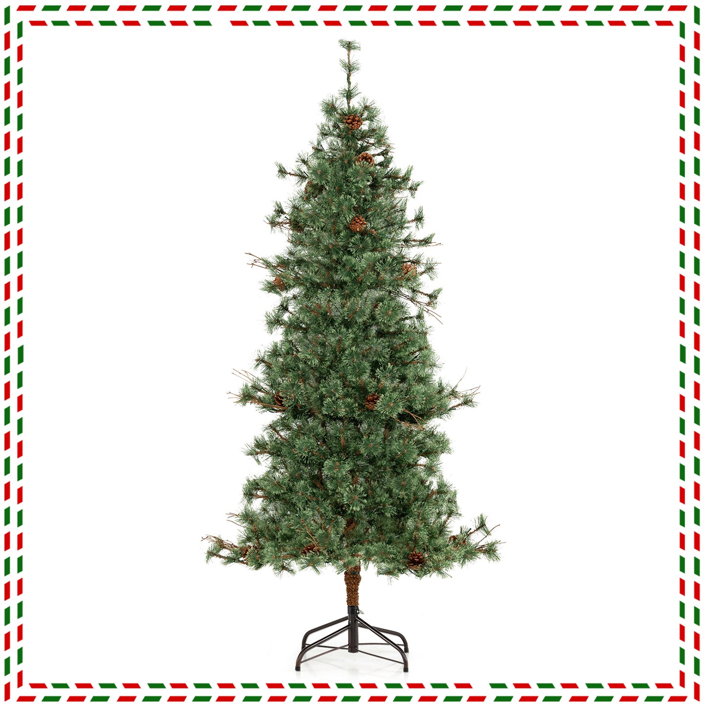 6 Feet Artificial Christmas Tree Pre-lit Hinged Xmas Tree with Warm White LED Lights and Pine Cones, Green Christmas Tree at Gallery Canada