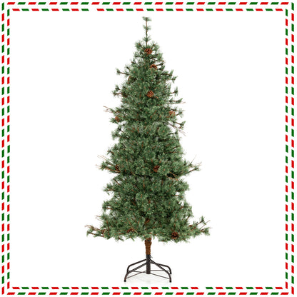 6 Feet Artificial Christmas Tree Pre-lit Hinged Xmas Tree with Warm White LED Lights and Pine Cones, Green Christmas Tree at Gallery Canada