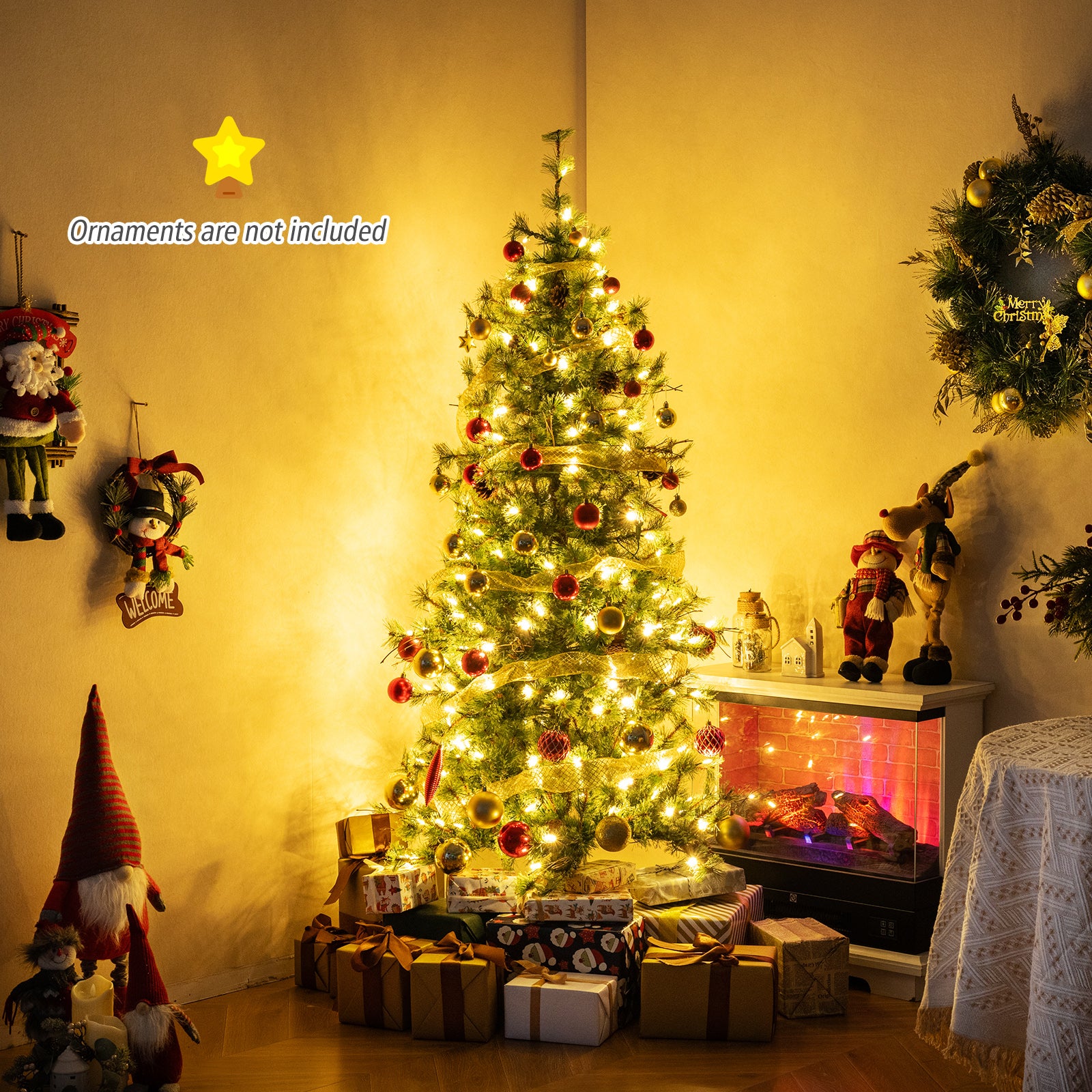 6 Feet Artificial Christmas Tree Pre-lit Hinged Xmas Tree with Warm White LED Lights and Pine Cones, Green Christmas Tree at Gallery Canada