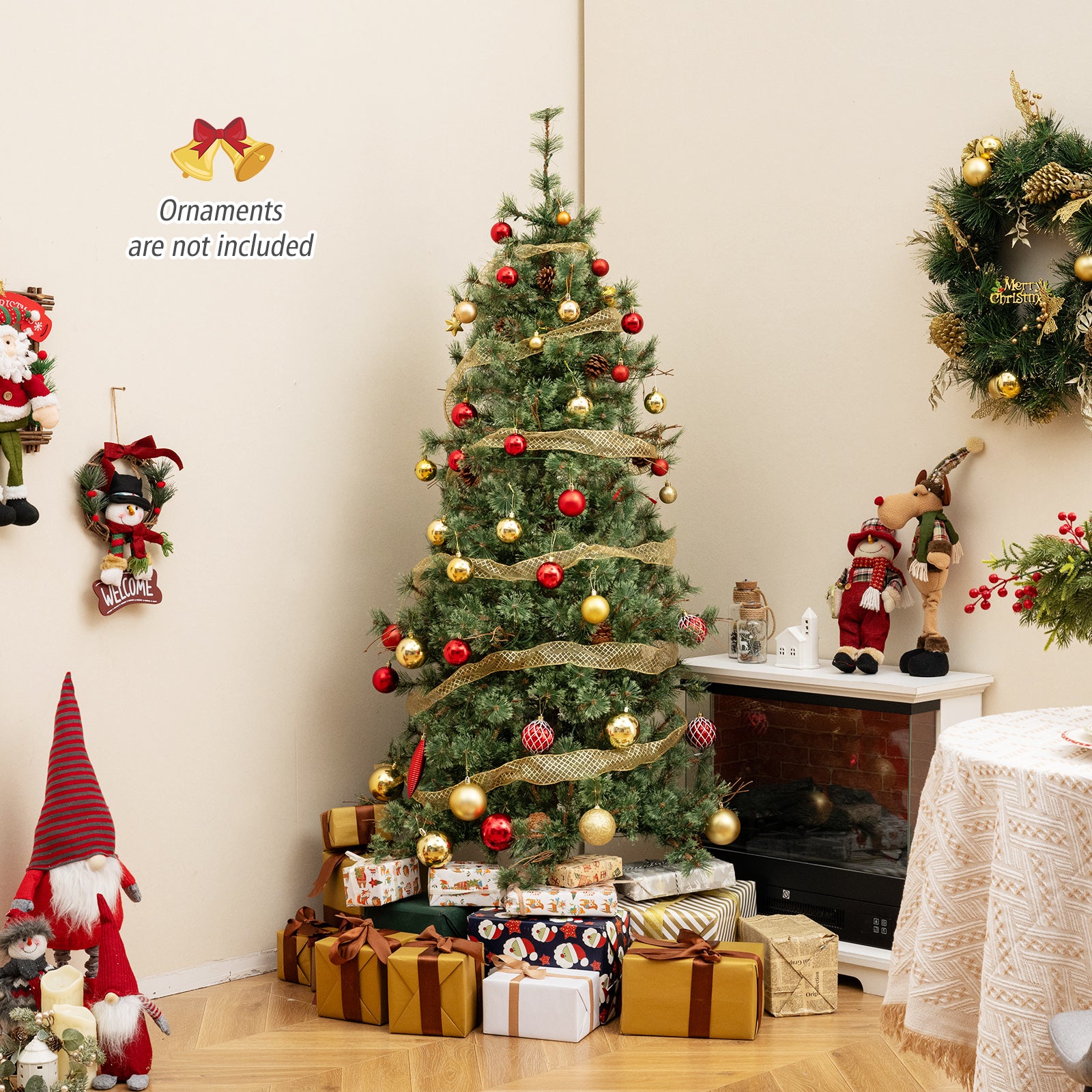 6 Feet Artificial Christmas Tree Pre-lit Hinged Xmas Tree with Warm White LED Lights and Pine Cones, Green Christmas Tree at Gallery Canada