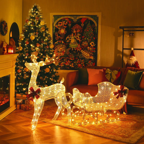6 Feet Christmas Reindeer And Santa Sleigh Decoration, Golden