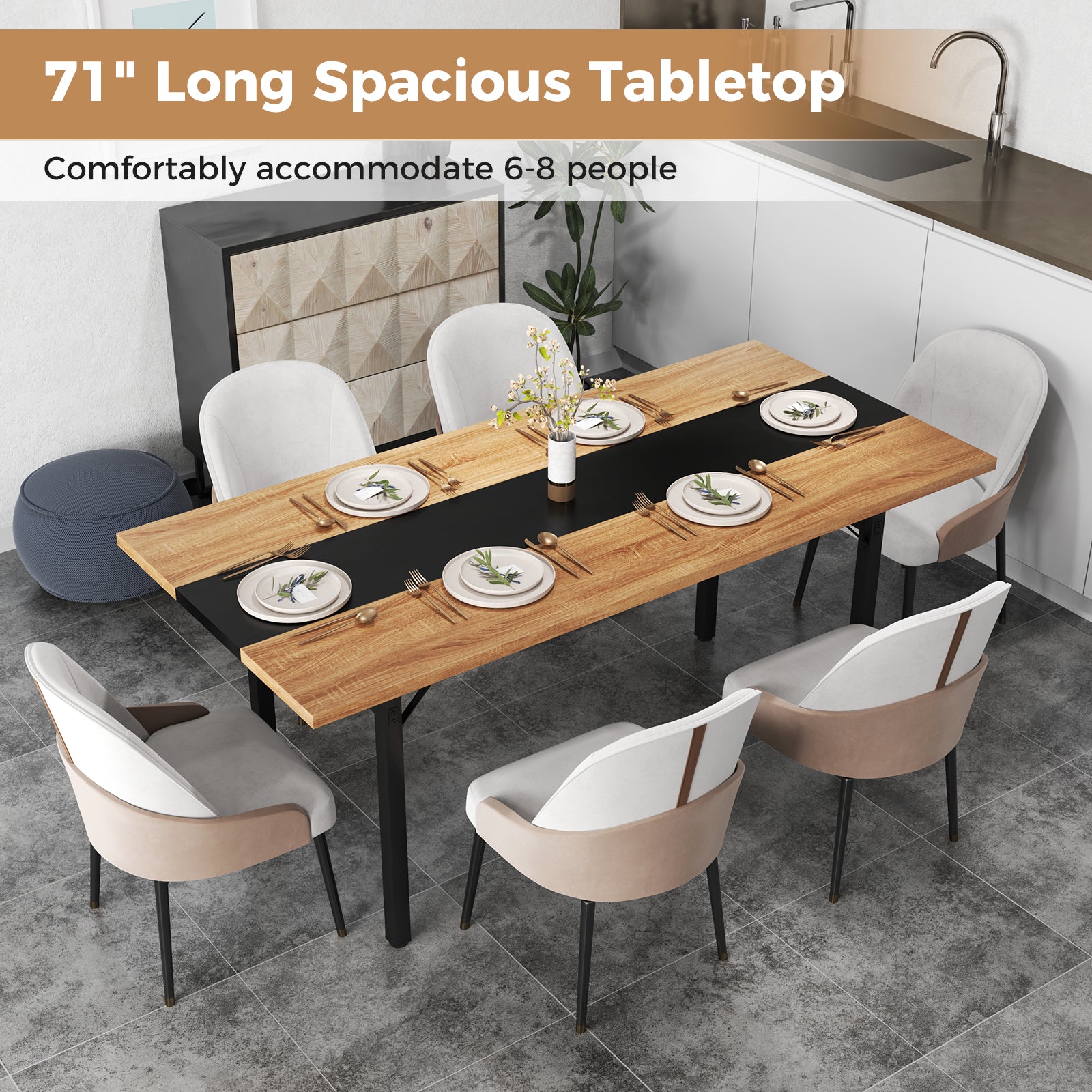 6 Feet Dining Table with Heavy-Duty Metal Frame for 6-8 People, Natural Dining Tables at Gallery Canada