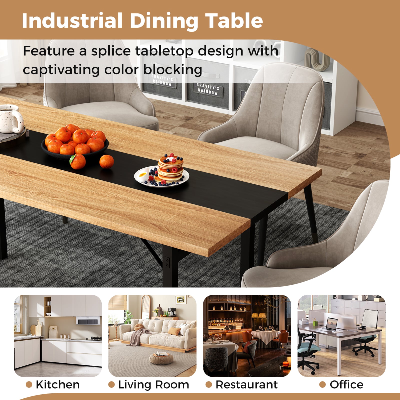 6 Feet Dining Table with Heavy-Duty Metal Frame for 6-8 People, Natural Dining Tables at Gallery Canada