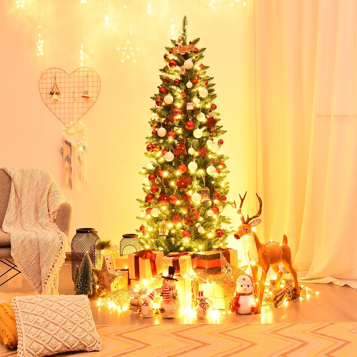 Sapin de Noël en sapin artificiel à charnières en PVC pré-éclairé de 6 pieds, 150 lumières, vert