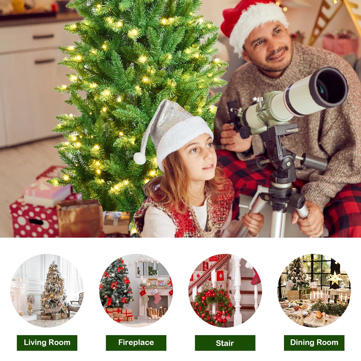 Sapin de Noël en sapin artificiel à charnières en PVC pré-éclairé de 6 pieds, 150 lumières, vert