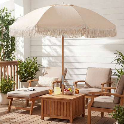 6 Feet Patio Umbrella, Push Button Tilt, Wood Pole, White