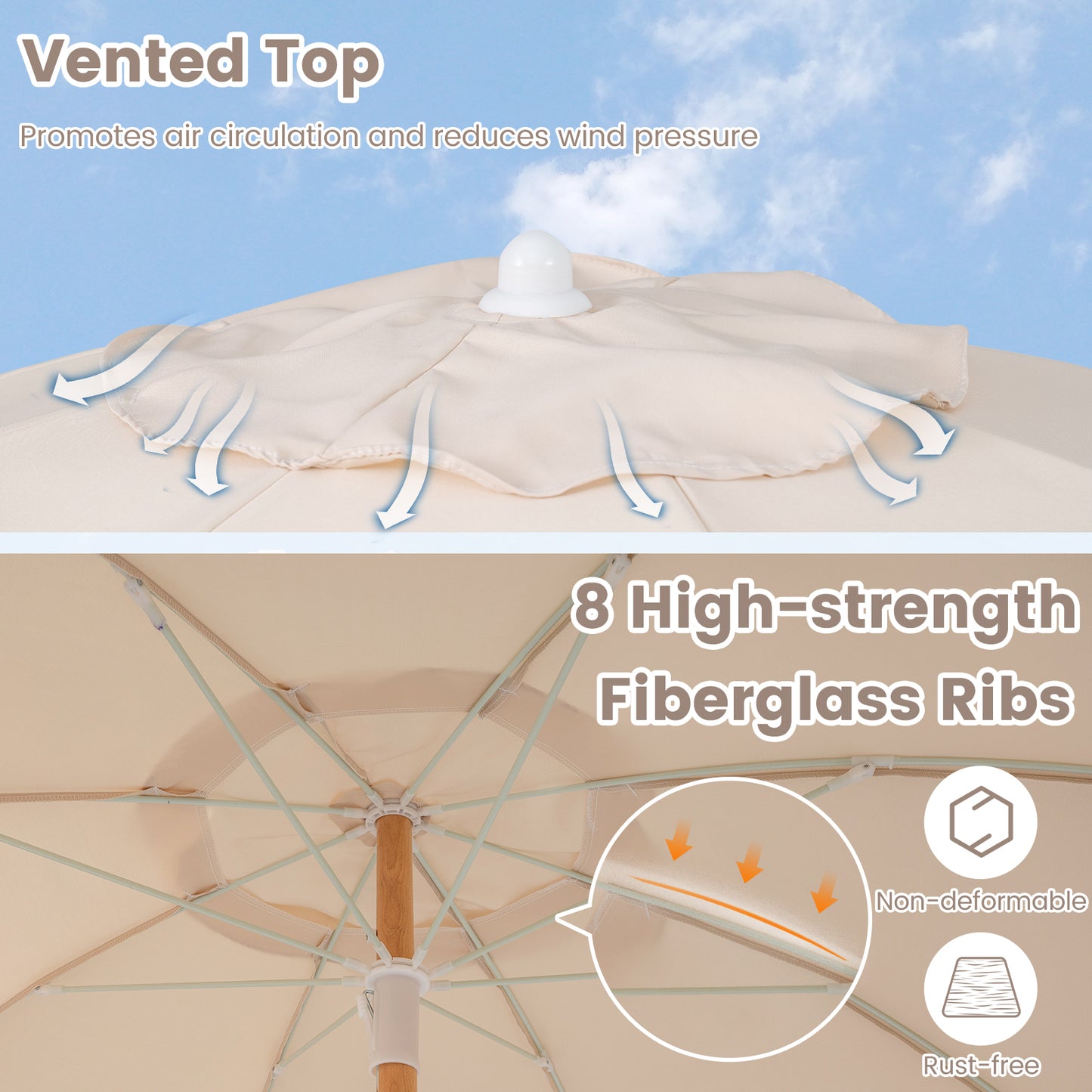 6 Feet Patio Umbrella, Push Button Tilt, Wood Pole, White