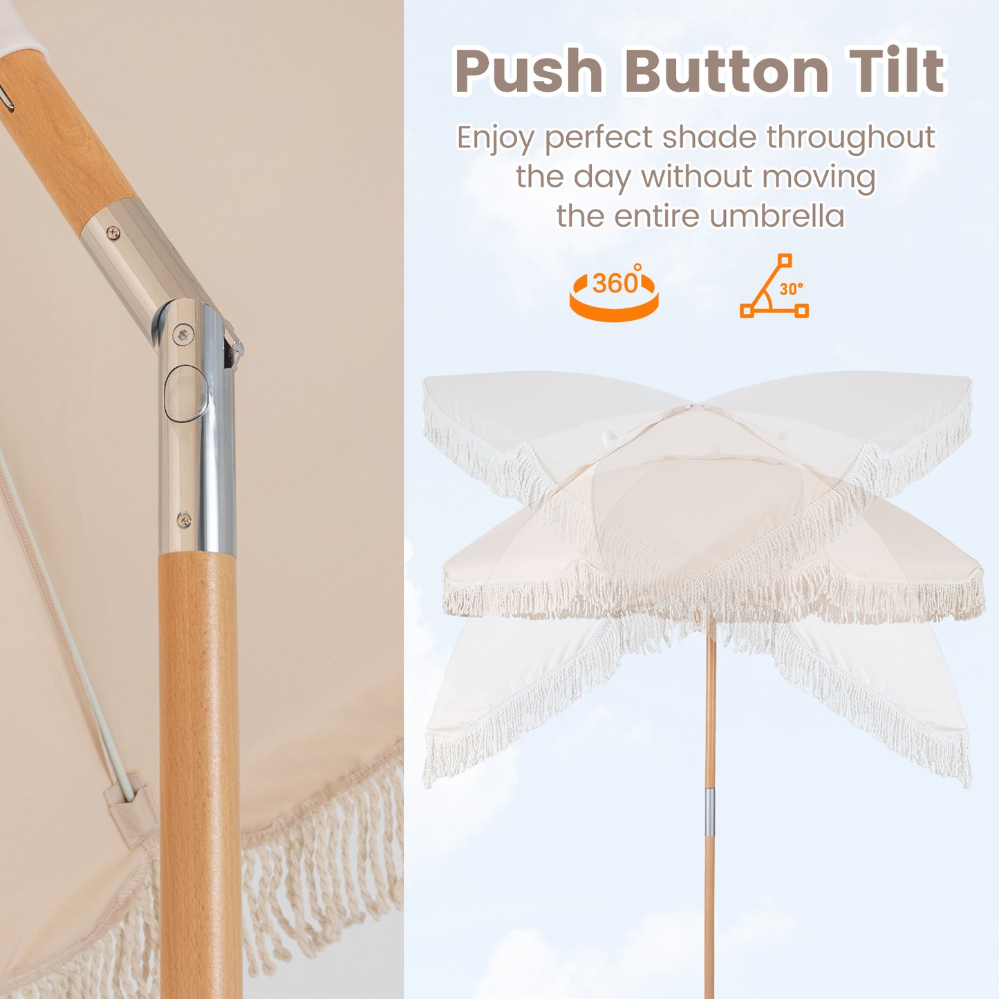 6 Feet Patio Umbrella, Push Button Tilt, Wood Pole, White