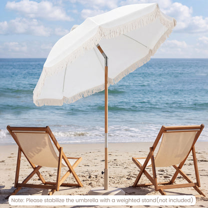 6 Feet Patio Umbrella, Fringe, Push Button Tilt, Wood Pole, White