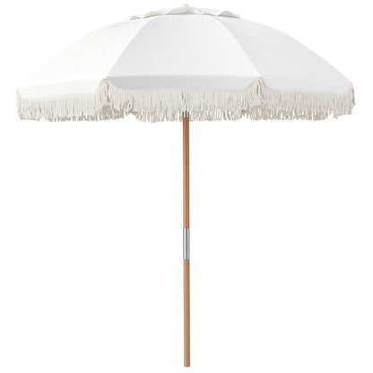 6 Feet Patio Umbrella, Fringe, Push Button Tilt, Wood Pole, White