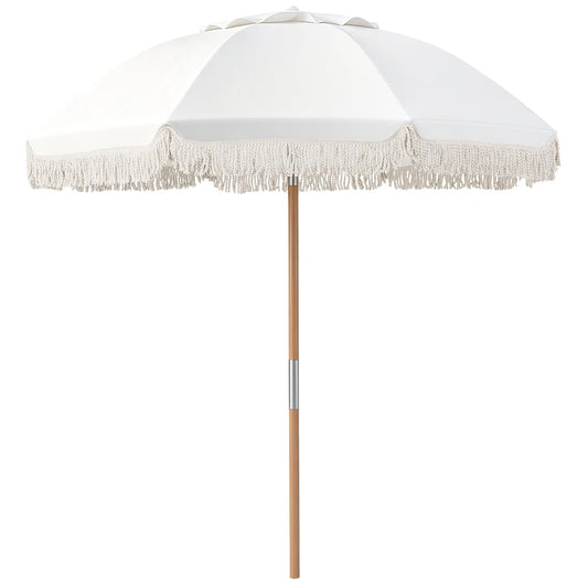 6 Feet Patio Umbrella, Fringe, Push Button Tilt, Wood Pole, White Outdoor Umbrellas White at Gallery Canada