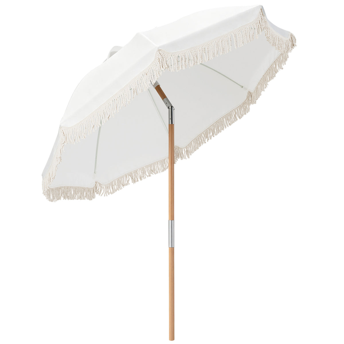 6 Feet Patio Umbrella, Fringe, Push Button Tilt, Wood Pole, White