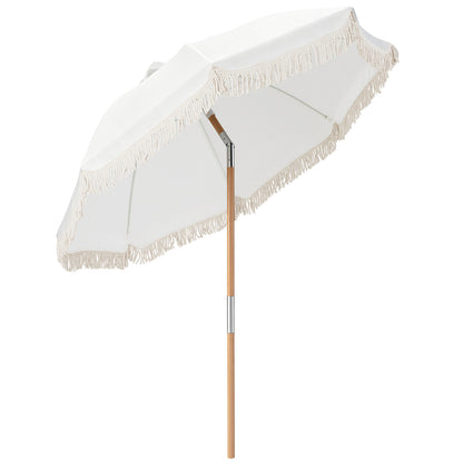 6 Feet Patio Umbrella, Fringe, Push Button Tilt, Wood Pole, White
