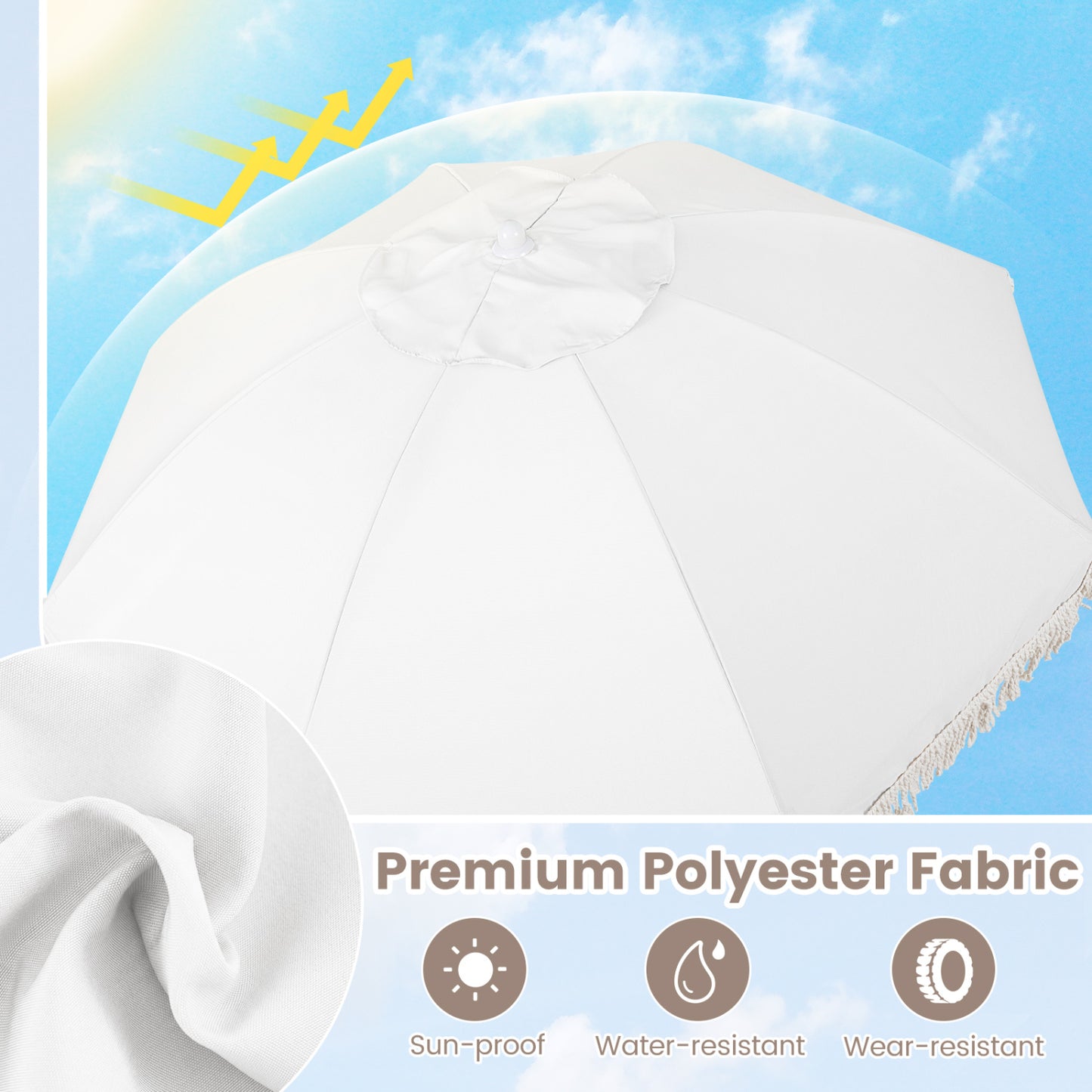 6 Feet Patio Umbrella, Fringe, Push Button Tilt, Wood Pole, White