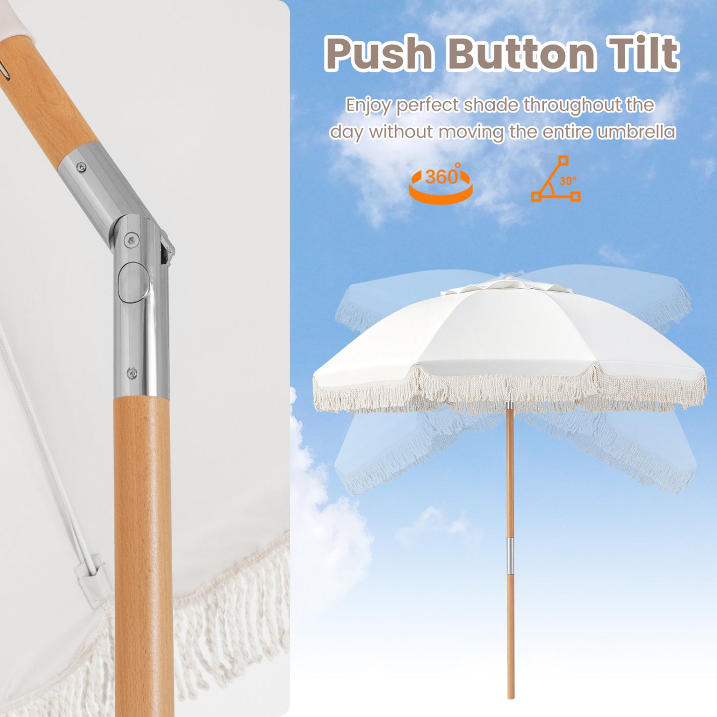 6 Feet Patio Umbrella, Fringe, Push Button Tilt, Wood Pole, White