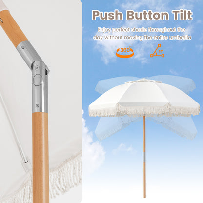 6 Feet Patio Umbrella, Fringe, Push Button Tilt, Wood Pole, White