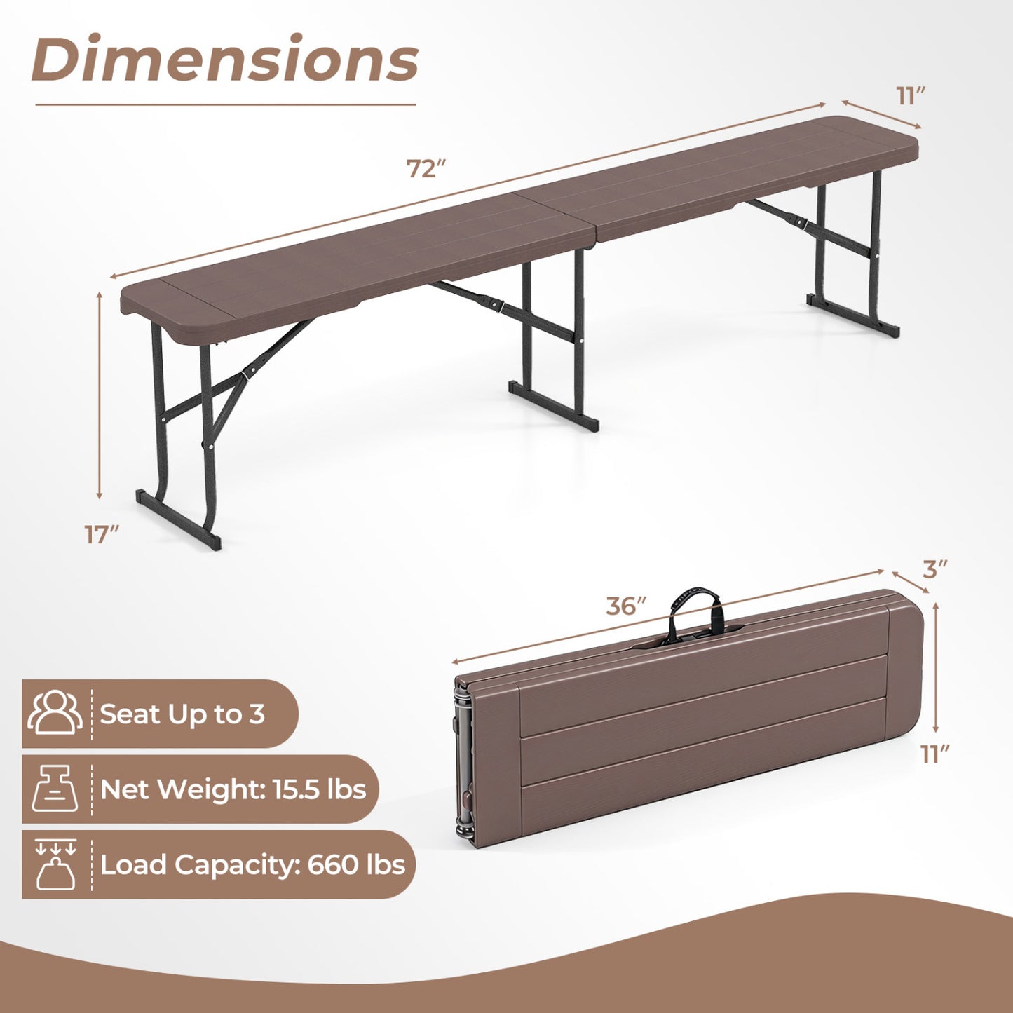 6 Feet Plastic Folding Bench Picnic Camping Dining Seat with Carrying Handle-coffee, Coffee Camping Furniture at Gallery Canada