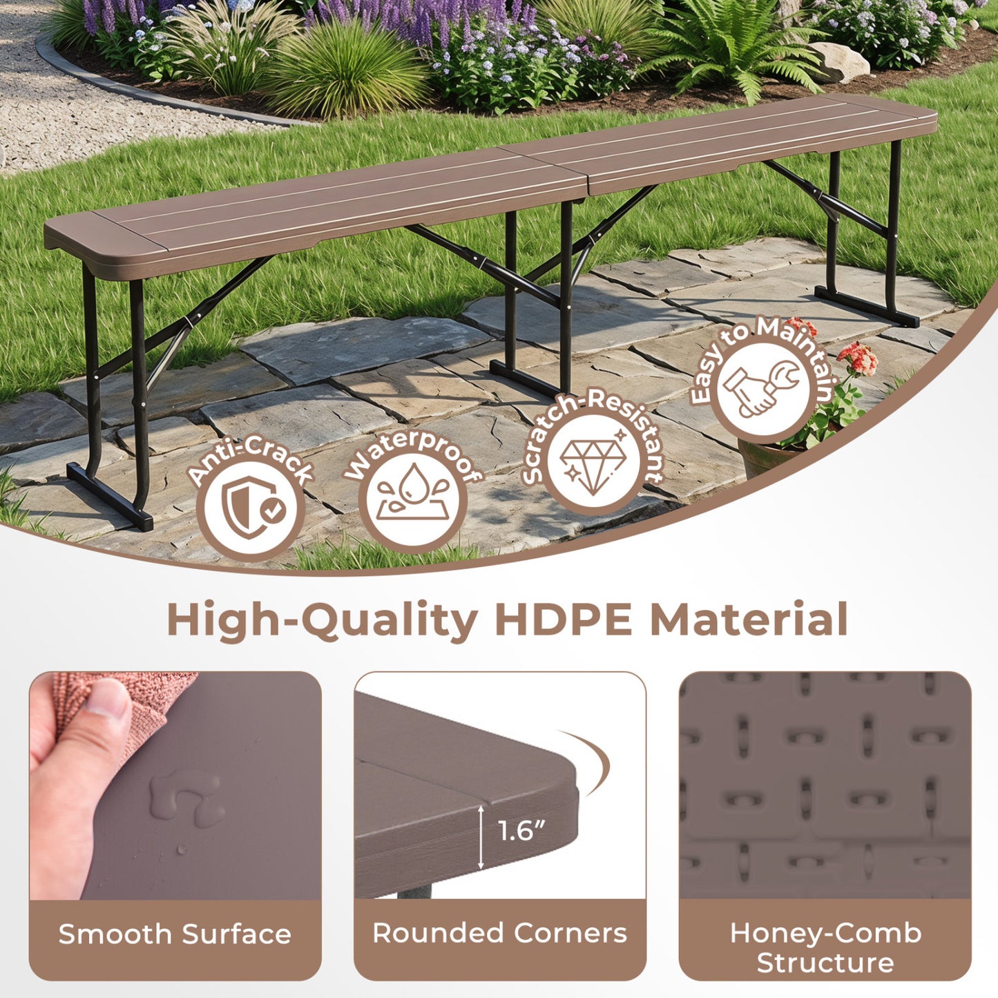 6 Feet Plastic Folding Bench Picnic Camping Dining Seat with Carrying Handle-coffee, Coffee Camping Furniture at Gallery Canada