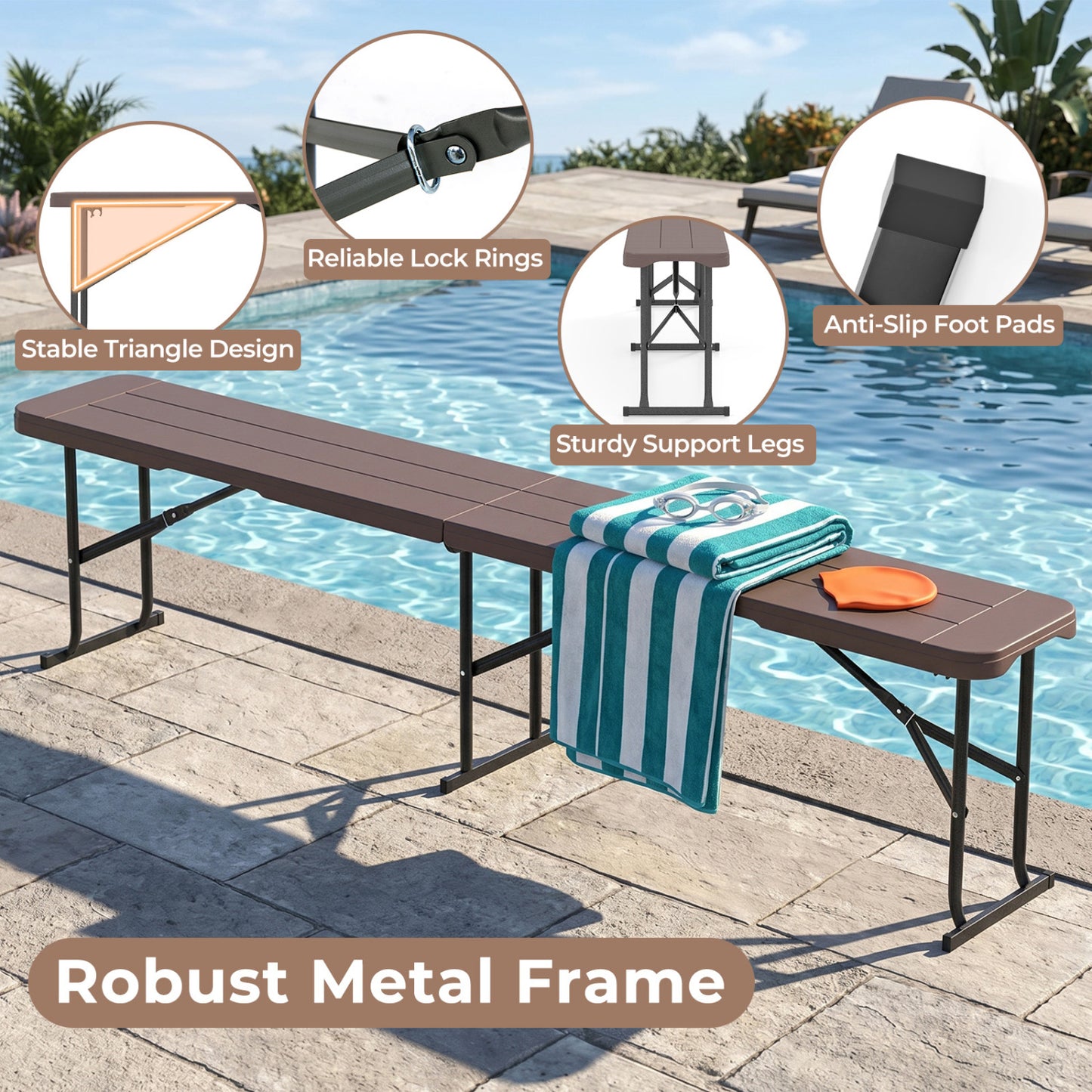 6 Feet Plastic Folding Bench Picnic Camping Dining Seat with Carrying Handle-coffee, Coffee Camping Furniture at Gallery Canada