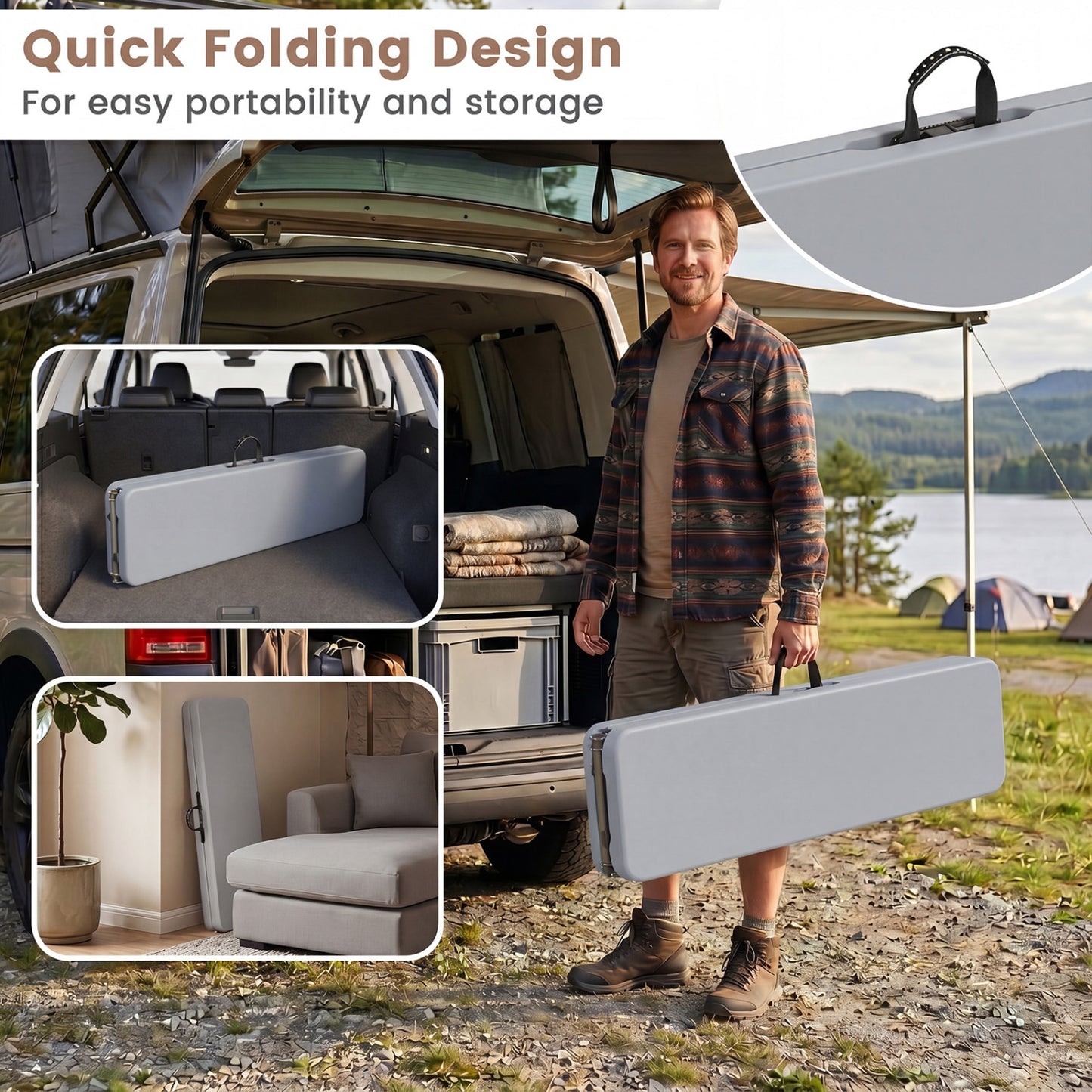 6 Feet Plastic Folding Bench Picnic Camping Dining Seat with Carrying Handle, Light Gray Camping Furniture at Gallery Canada
