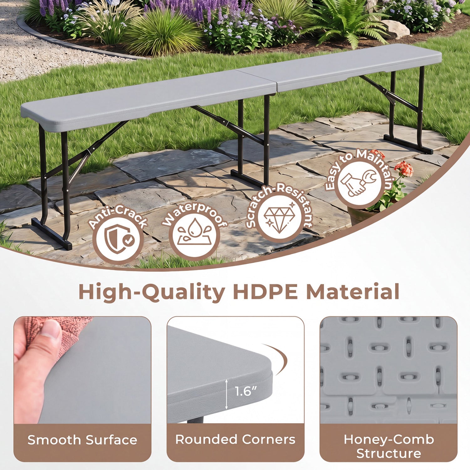 6 Feet Plastic Folding Bench Picnic Camping Dining Seat with Carrying Handle, Light Gray Camping Furniture at Gallery Canada