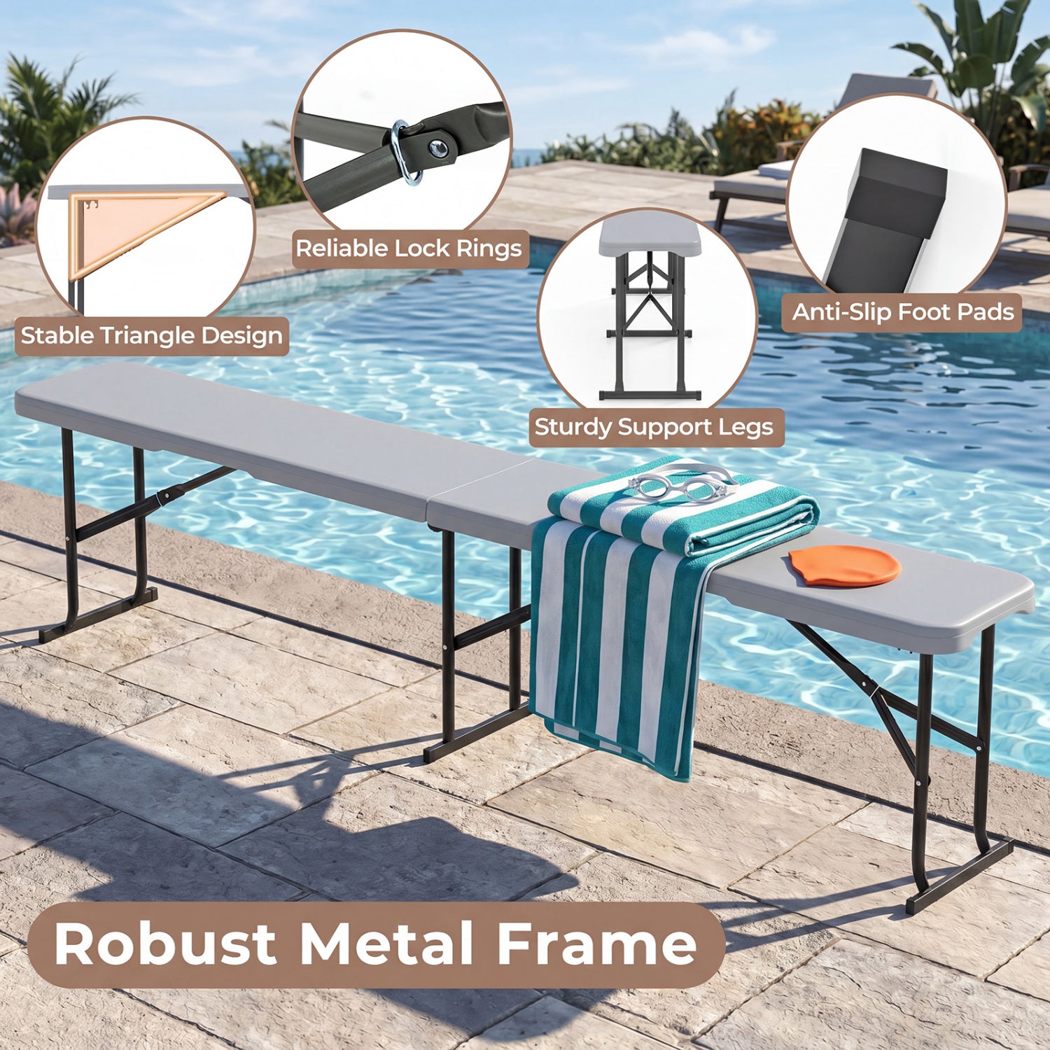 6 Feet Plastic Folding Bench Picnic Camping Dining Seat with Carrying Handle, Light Gray Camping Furniture at Gallery Canada