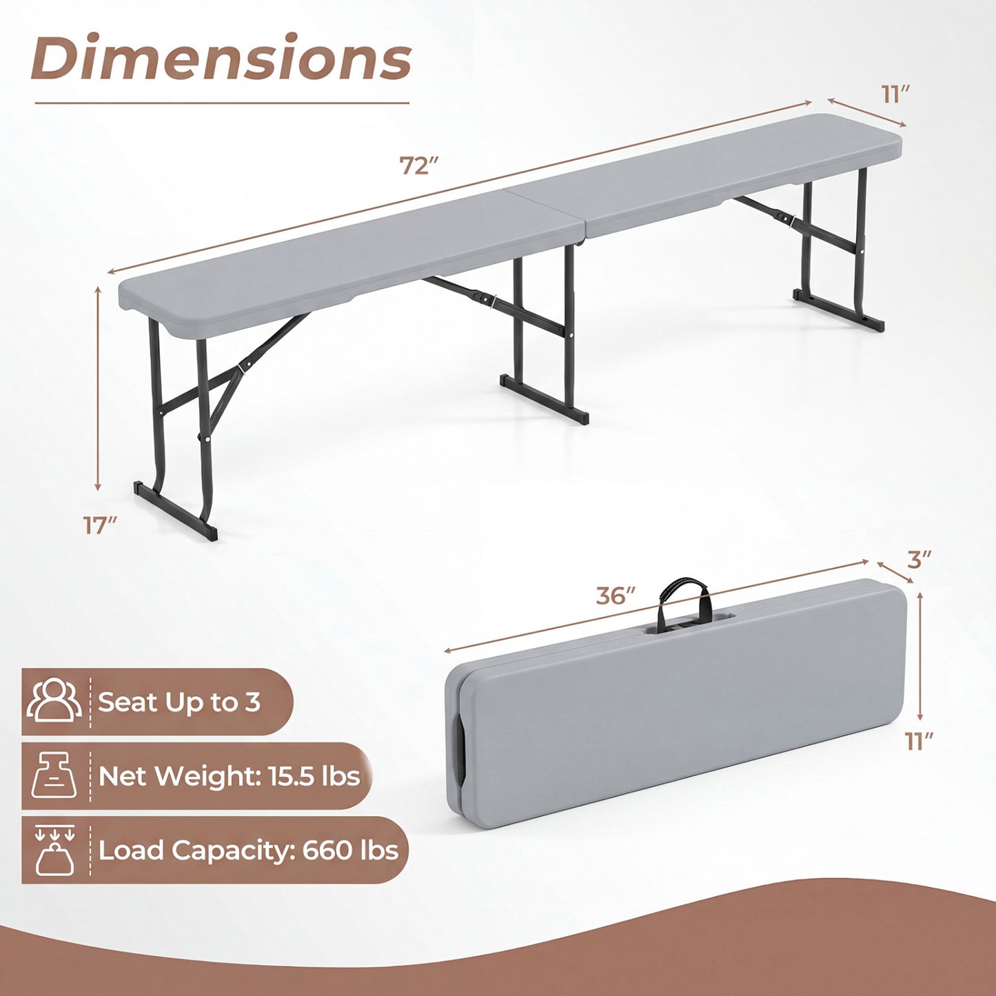 6 Feet Plastic Folding Bench Picnic Camping Dining Seat with Carrying Handle, Light Gray Camping Furniture at Gallery Canada
