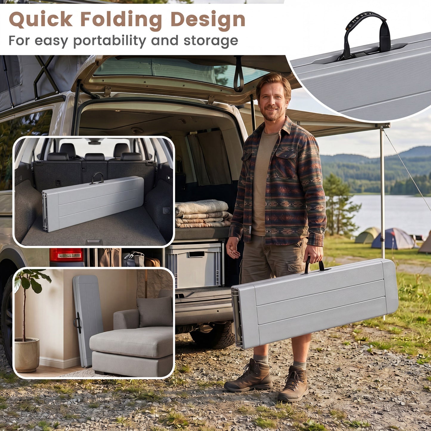 6 Feet Plastic Folding Bench Picnic Camping Dining Seat with Carrying Handle, Gray Camping Furniture at Gallery Canada