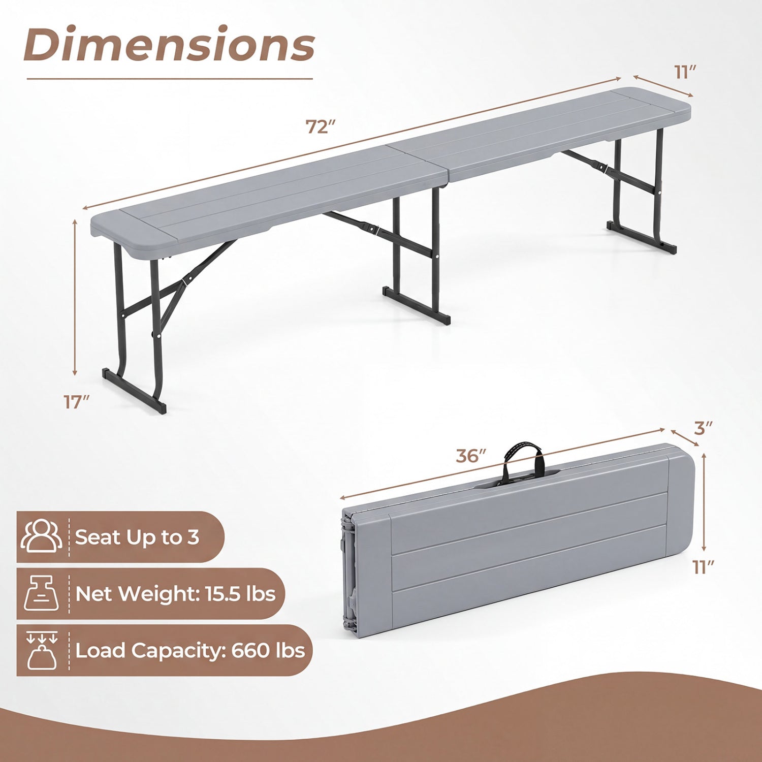 6 Feet Plastic Folding Bench Picnic Camping Dining Seat with Carrying Handle, Gray Camping Furniture at Gallery Canada