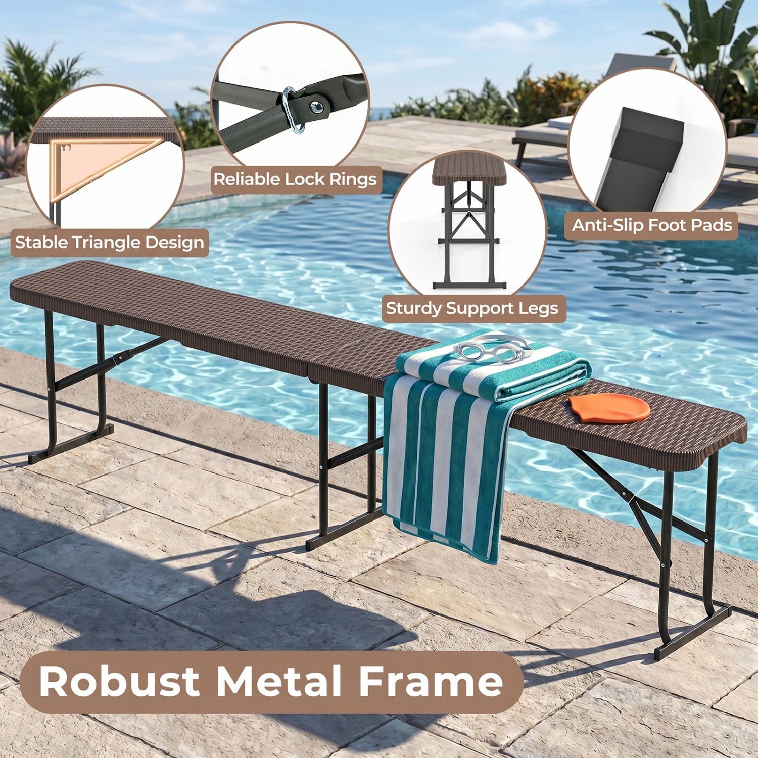6 Feet Plastic Folding Bench Picnic Camping Dining Seat with Carrying Handle, Brown Camping Furniture at Gallery Canada