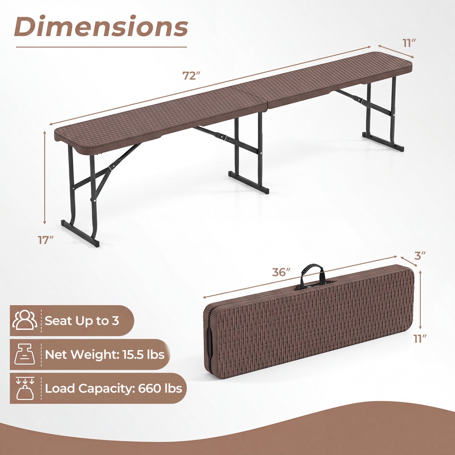 6 Feet Plastic Folding Bench Picnic Camping Dining Seat with Carrying Handle, Brown Camping Furniture at Gallery Canada