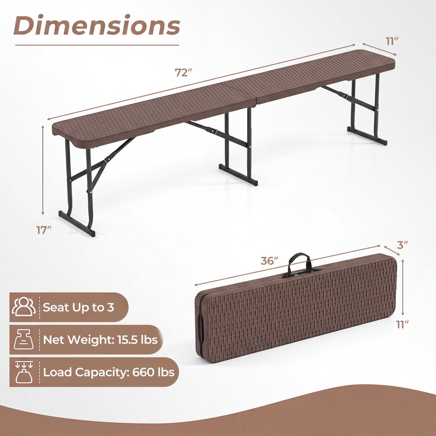 6 Feet Plastic Folding Bench Picnic Camping Dining Seat with Carrying Handle, Brown Camping Furniture at Gallery Canada