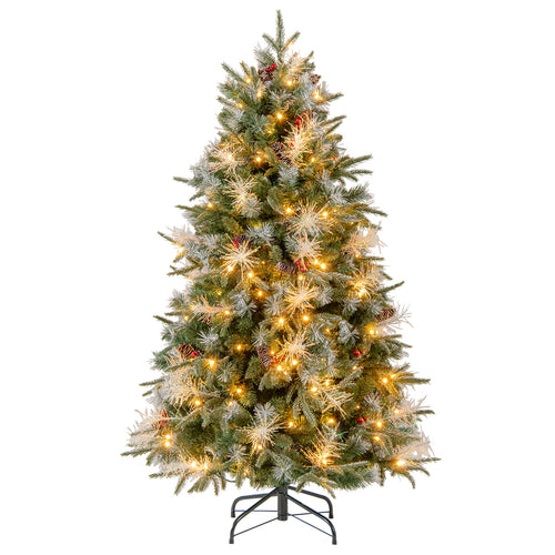6 Feet Pre-Lit Artificial Christmas Tree, LED Lights With Berries, Green