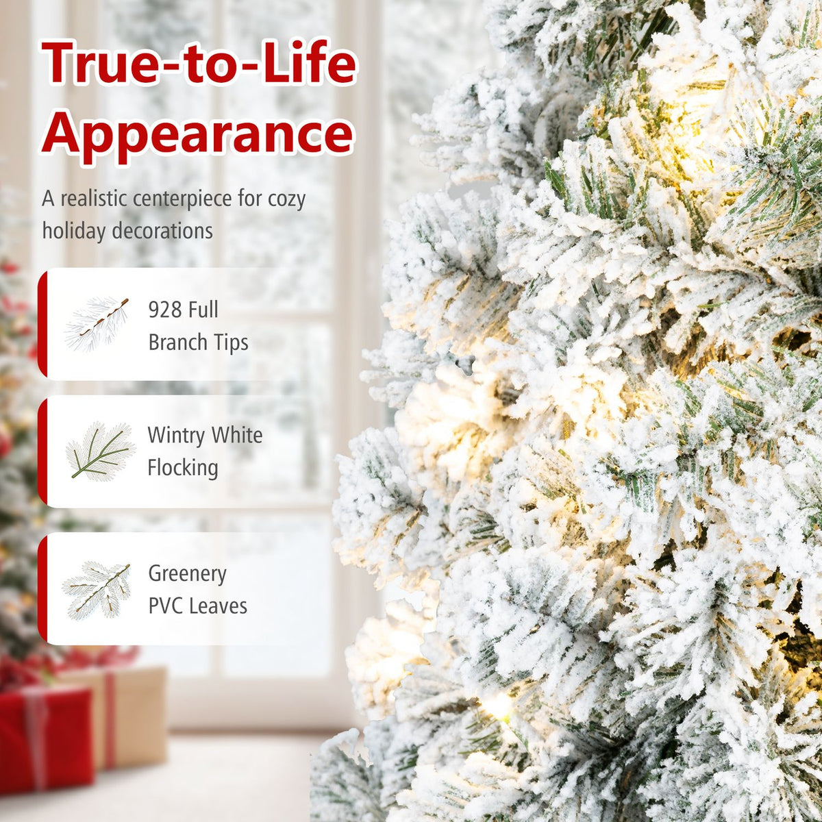 6 ft Pre-Lit Snow Flocked Hinged Christmas Tree, 928 Tips, Green Christmas Tree at Gallery Canada