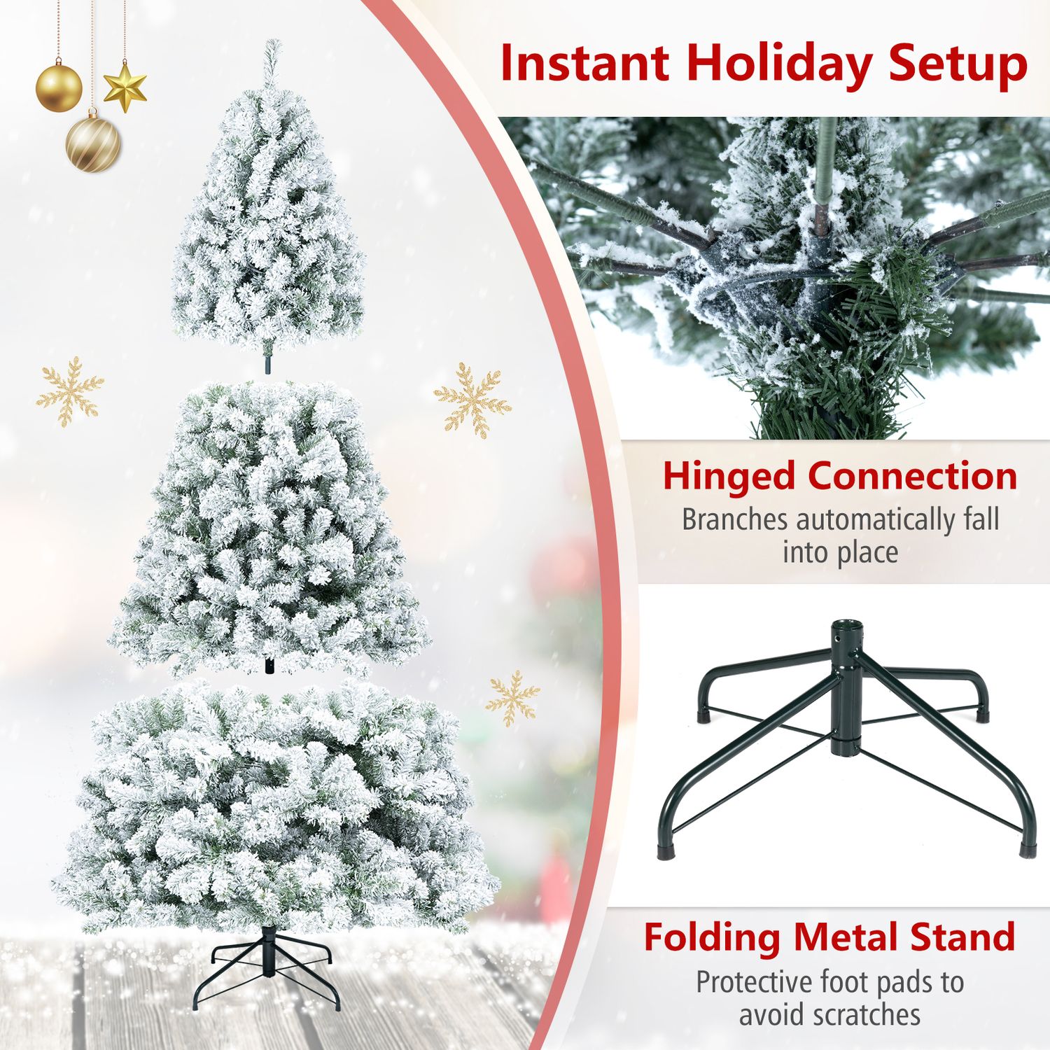6 ft Pre-Lit Snow Flocked Hinged Christmas Tree, 928 Tips, Green Christmas Tree at Gallery Canada
