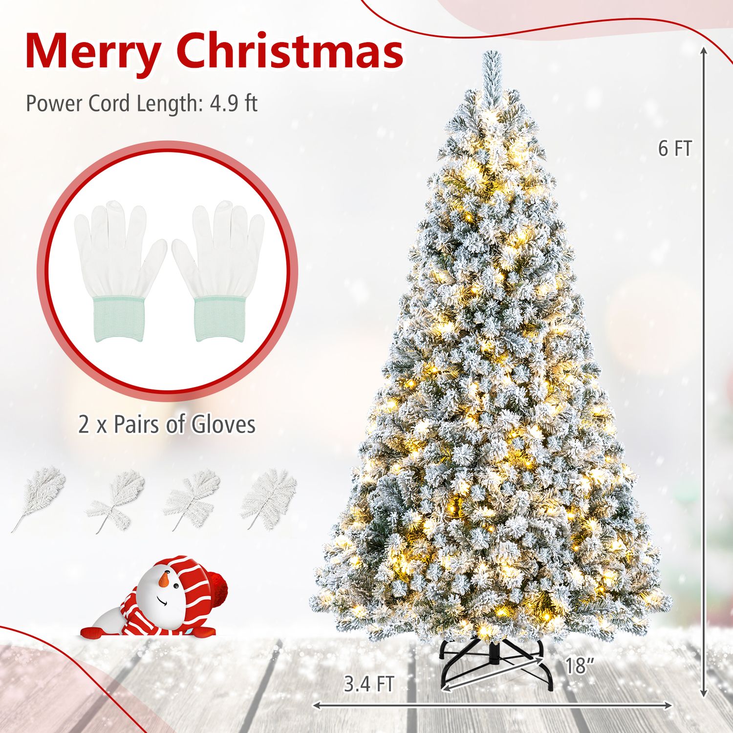 6 ft Pre-Lit Snow Flocked Hinged Christmas Tree, 928 Tips, Green Christmas Tree at Gallery Canada