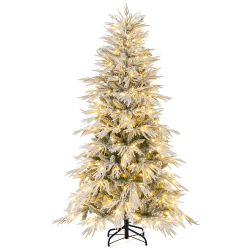 6 Feet Snow-flocked Artificial Christmas Tree Pre-lit Hinged Xmas Tree with Warm White LED Lights, White