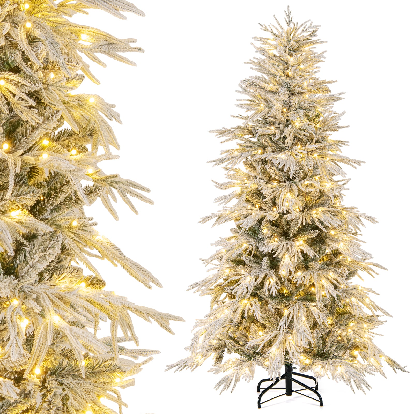 6 Feet Snow-flocked Artificial Christmas Tree Pre-lit Hinged Xmas Tree with Warm White LED Lights, White Christmas Tree at Gallery Canada