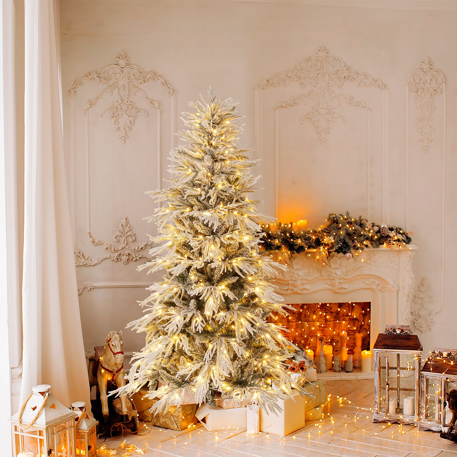 6 Feet Snow-flocked Artificial Christmas Tree Pre-lit Hinged Xmas Tree with Warm White LED Lights, White Christmas Tree at Gallery Canada