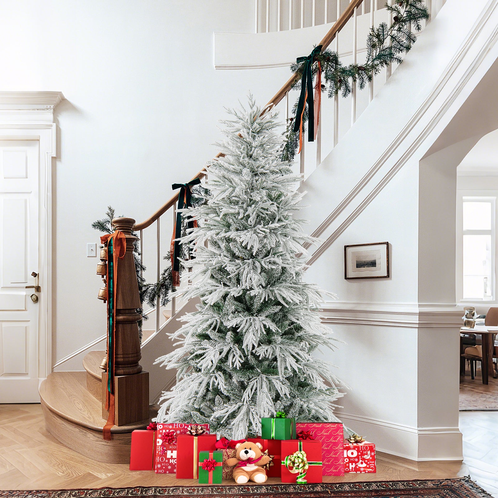 6 Feet Snow-flocked Artificial Christmas Tree Pre-lit Hinged Xmas Tree with Warm White LED Lights, White Christmas Tree at Gallery Canada