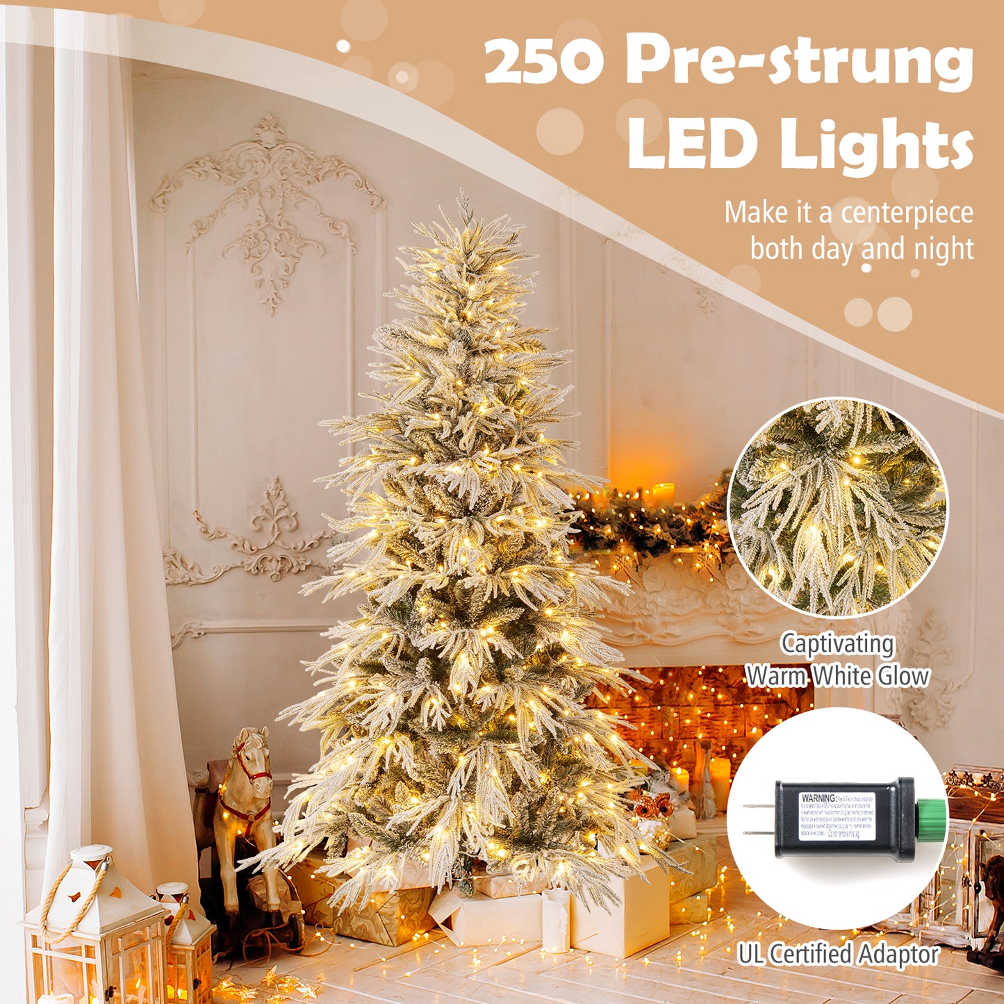 6 Feet Snow-flocked Artificial Christmas Tree Pre-lit Hinged Xmas Tree with Warm White LED Lights, White Christmas Tree at Gallery Canada