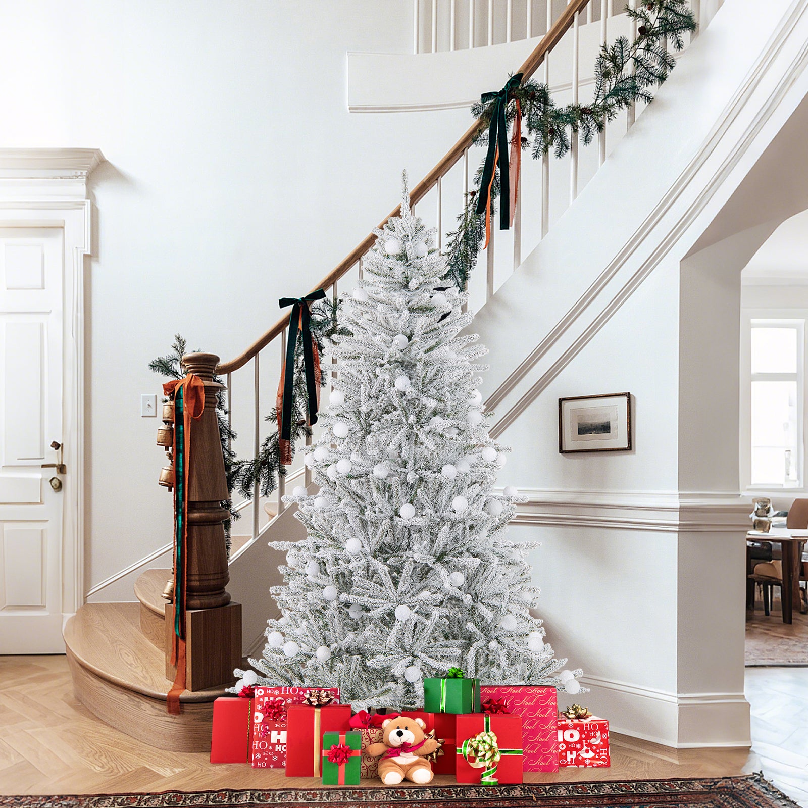 6 Feet Snow-flocked Artificial Christmas Tree Pre-lit Hinged with 81 Sphere Lights and Remote, Green Christmas Tree at Gallery Canada