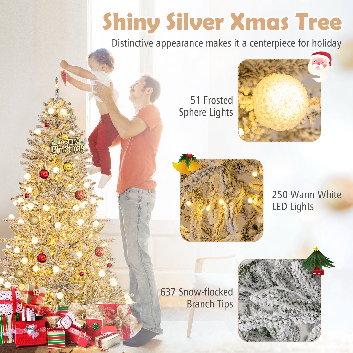 6 Feet Snow-flocked Artificial Christmas Tree Pre-lit Hinged with 81 Sphere Lights and Remote, Green Christmas Tree at Gallery Canada