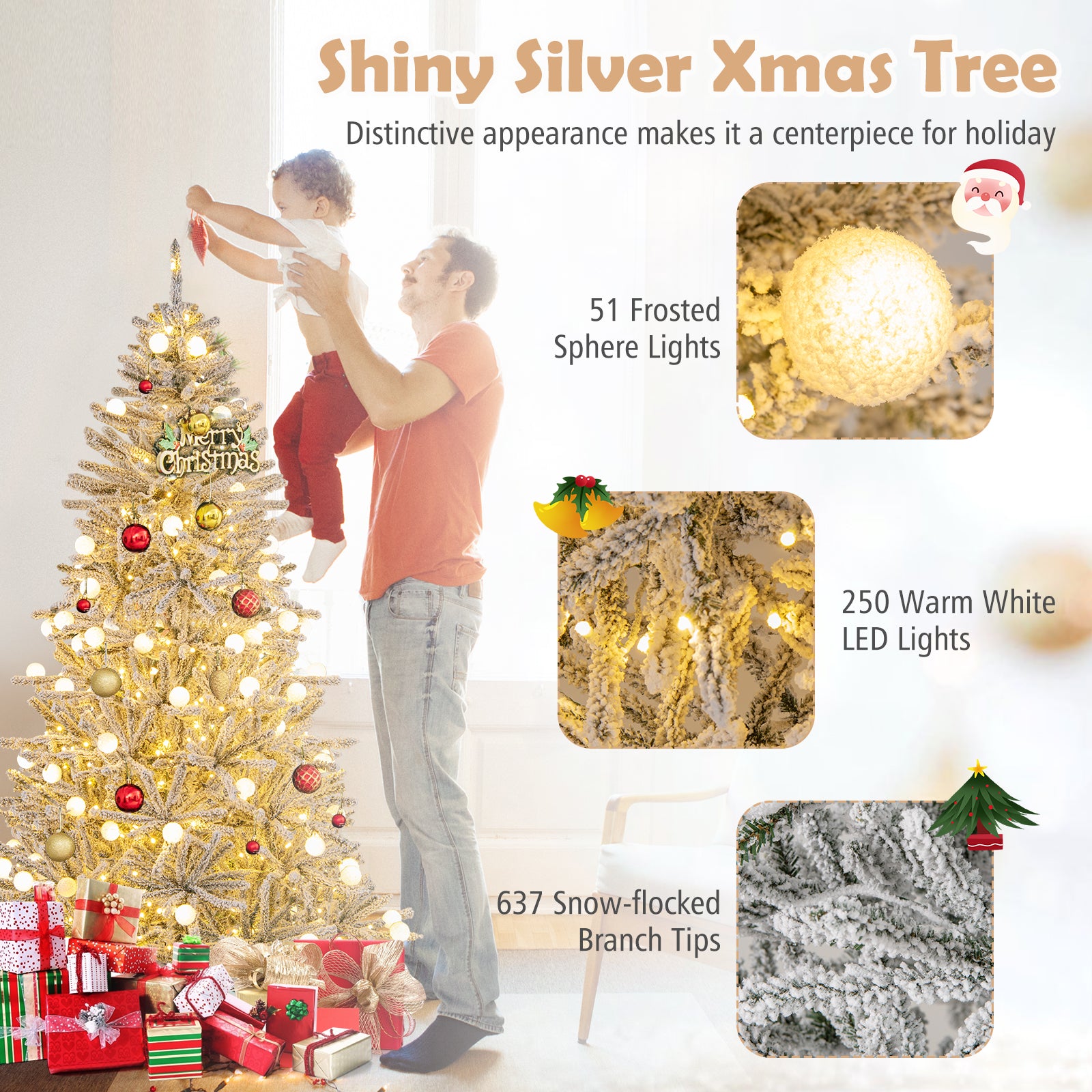 6 Feet Snow-flocked Artificial Christmas Tree Pre-lit Hinged with 81 Sphere Lights and Remote, Green Christmas Tree at Gallery Canada