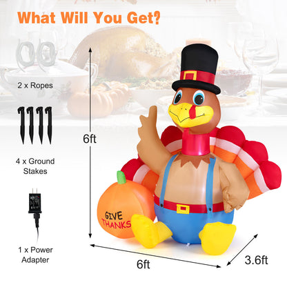 Dinde gonflable de Thanksgiving de 6 pieds, multicolore