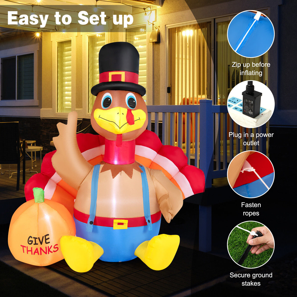 Dinde gonflable de Thanksgiving de 6 pieds, multicolore