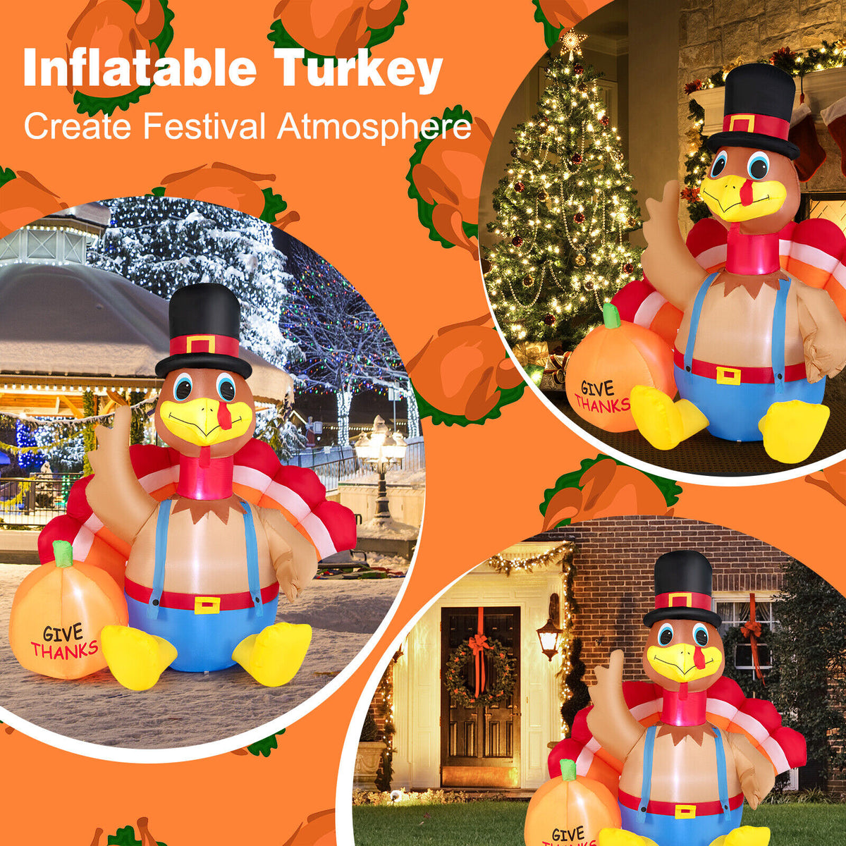 Dinde gonflable de Thanksgiving de 6 pieds, multicolore
