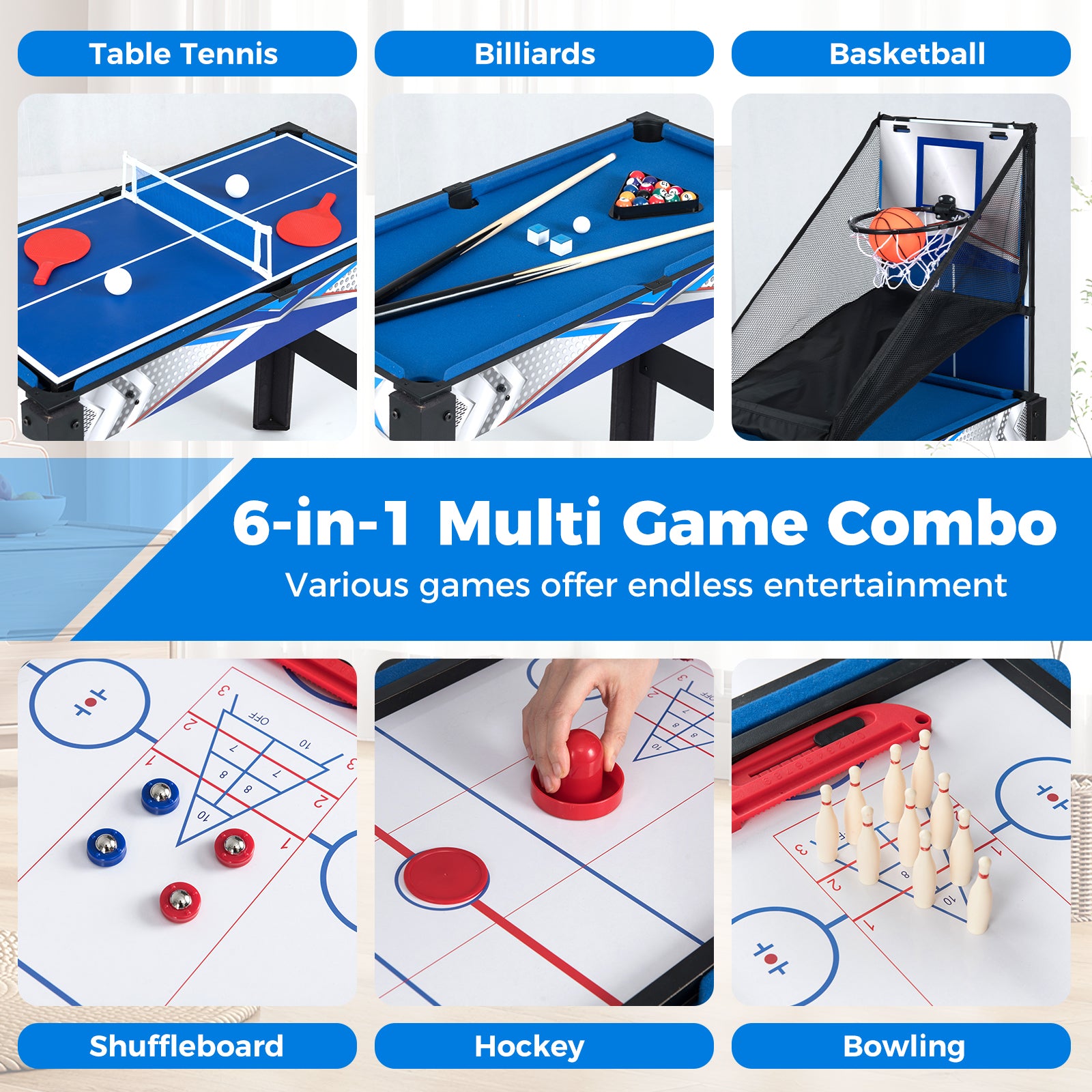 6-In-1 Combo Game Table, Basketball Billiards Ping Pong Hockey Shuffleboard, Multicolor Game Room at Gallery Canada